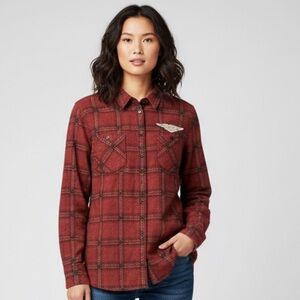 Harley Davidson Genuine Motorclothes Womens Large Burgundy Plaid Button-Up Shirt
